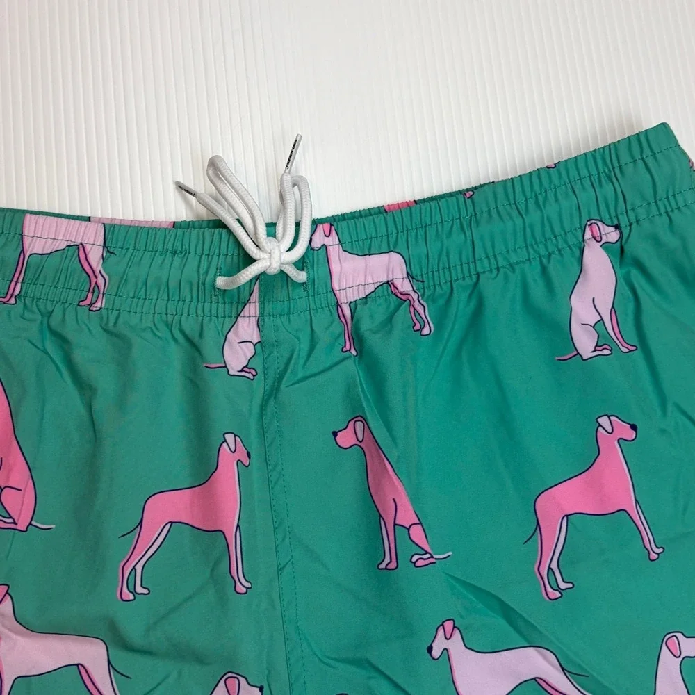 Mens Tropical Dog Print Swim Trunks Teal‎ Pink Retro Preppy Board Shorts